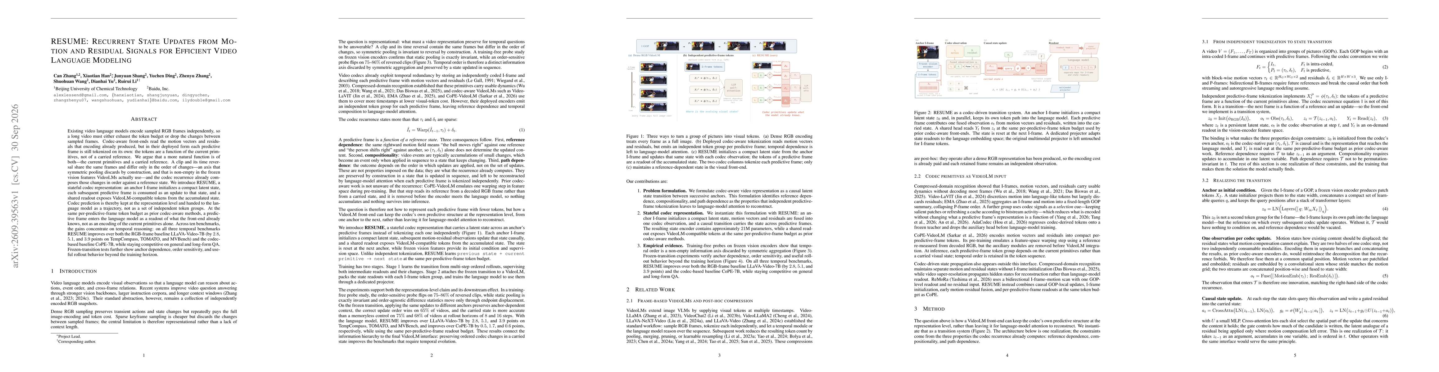 Thumbnail for RESUME: Recurrent State Updates from Motion and Residual Signals for Efficient Video Language Modeling