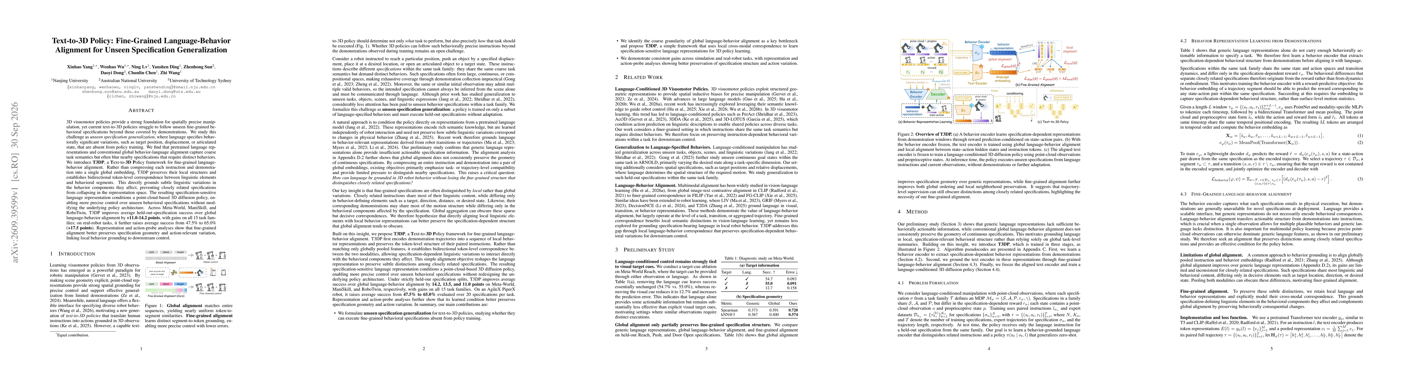 Thumbnail for Text-to-3D Policy: Fine-Grained Language-Behavior Alignment for Unseen Specification Generalization