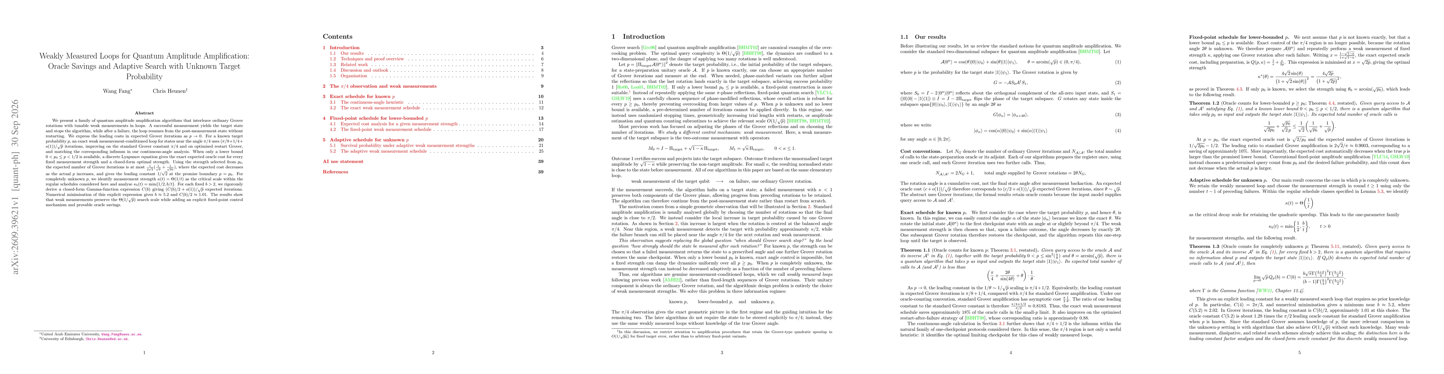 Thumbnail for Weakly Measured Loops for Quantum Amplitude Amplification: Oracle Savings and Adaptive Search with Unknown Target Probability
