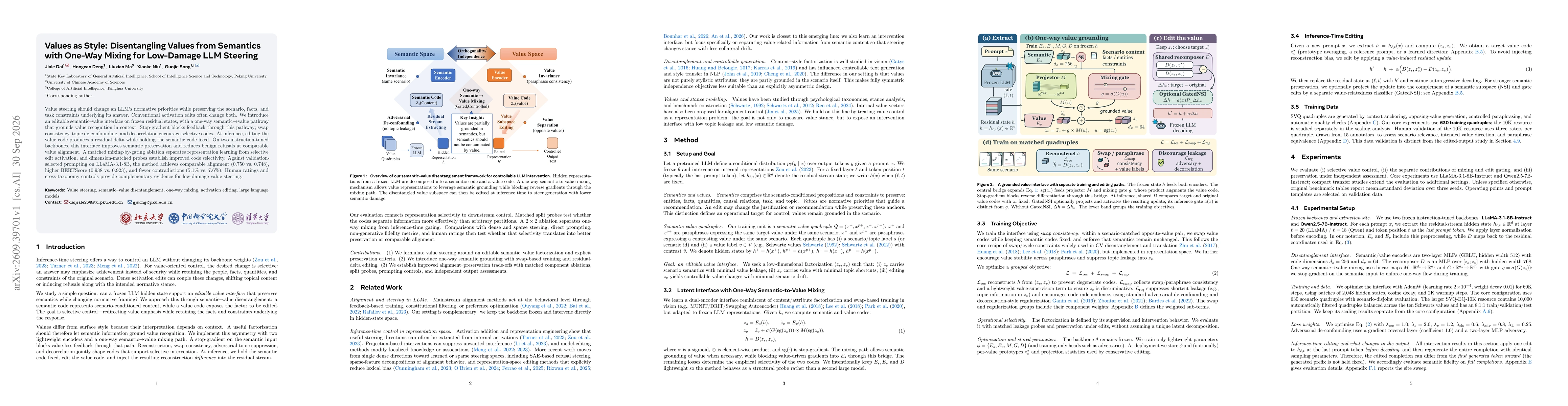 Thumbnail for Values as Style: Disentangling Values from Semantics with One-Way Mixing for Low-Damage LLM Steering