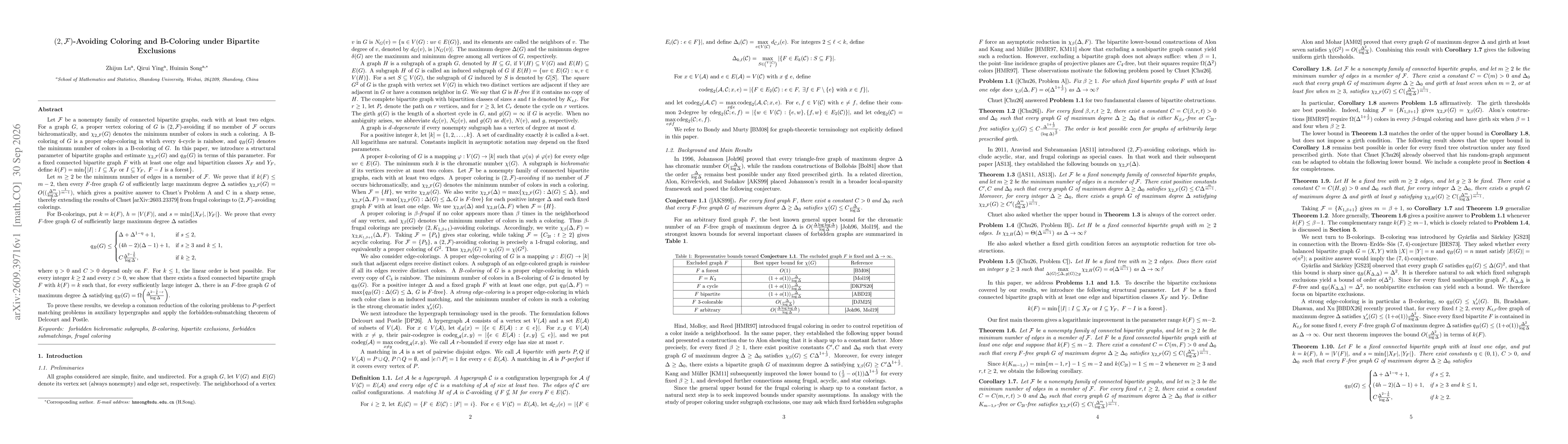 Thumbnail for $(2,\mathcal{F})$-Avoiding Coloring and B-Coloring under Bipartite Exclusions