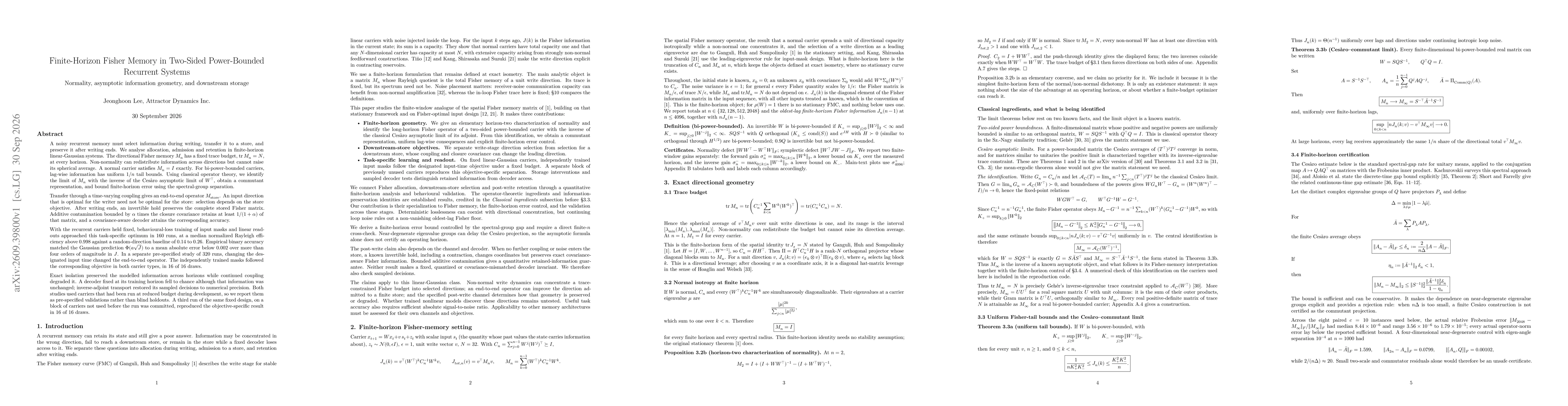 Thumbnail for Finite-Horizon Fisher Memory in Two-Sided Power-Bounded Recurrent Systems