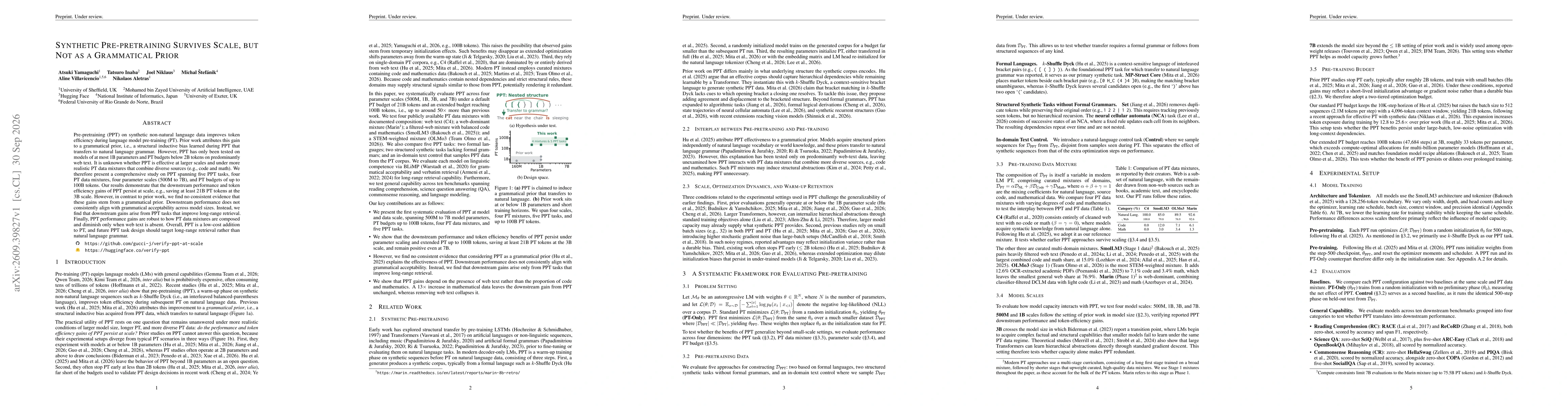 Thumbnail for Synthetic Pre-pretraining Survives Scale, but Not as a Grammatical Prior