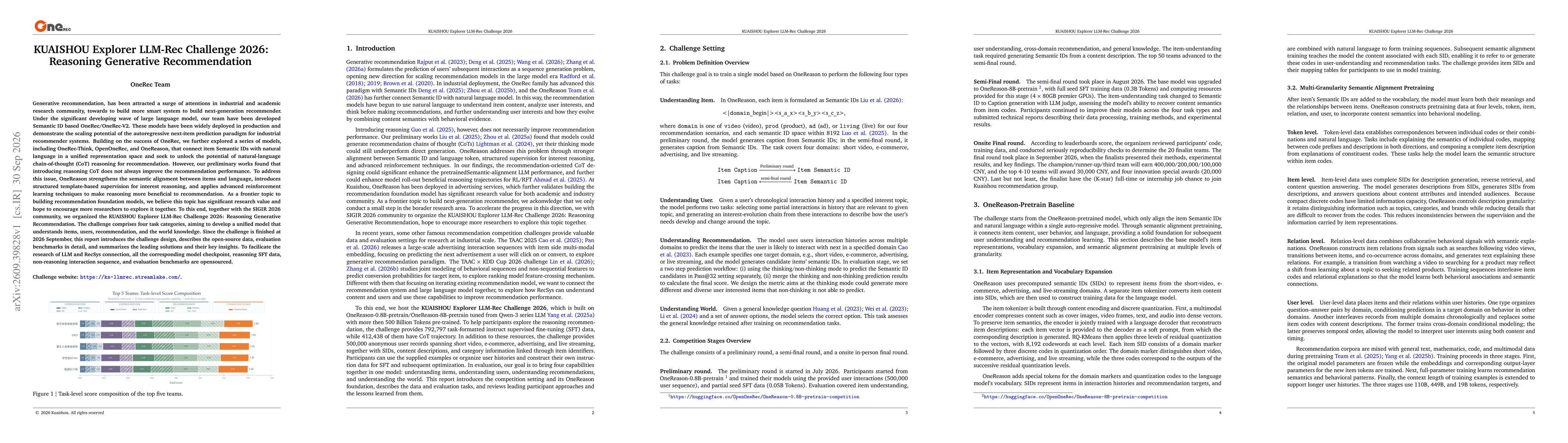 Thumbnail for KUAISHOU Explorer LLM-Rec Challenge 2026: Reasoning Generative Recommendation