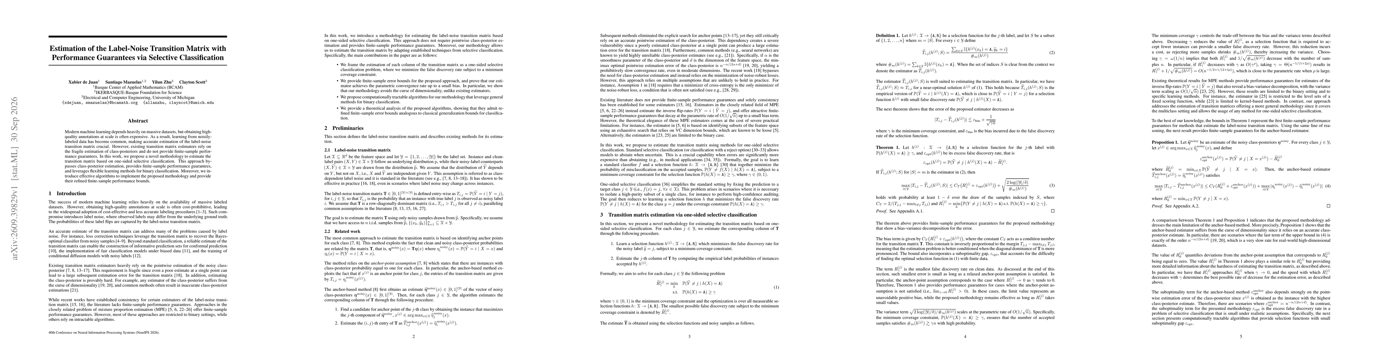 Thumbnail for Estimation of the Label-Noise Transition Matrix with Performance Guarantees via Selective Classification