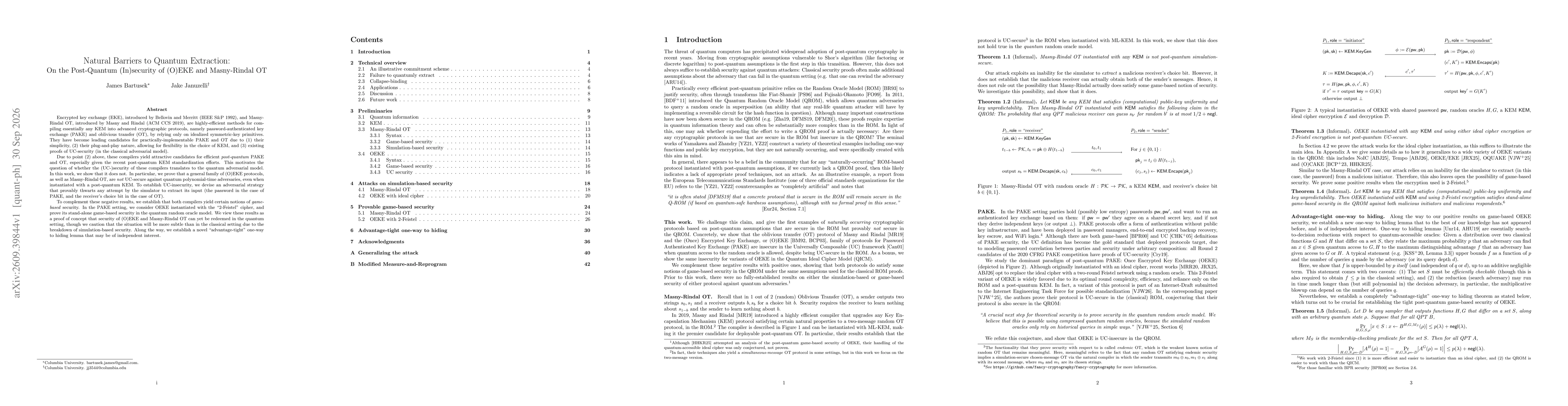 Thumbnail for Natural Barriers to Quantum Extraction: On the Post-Quantum (In)security of (O)EKE and Masny-Rindal OT