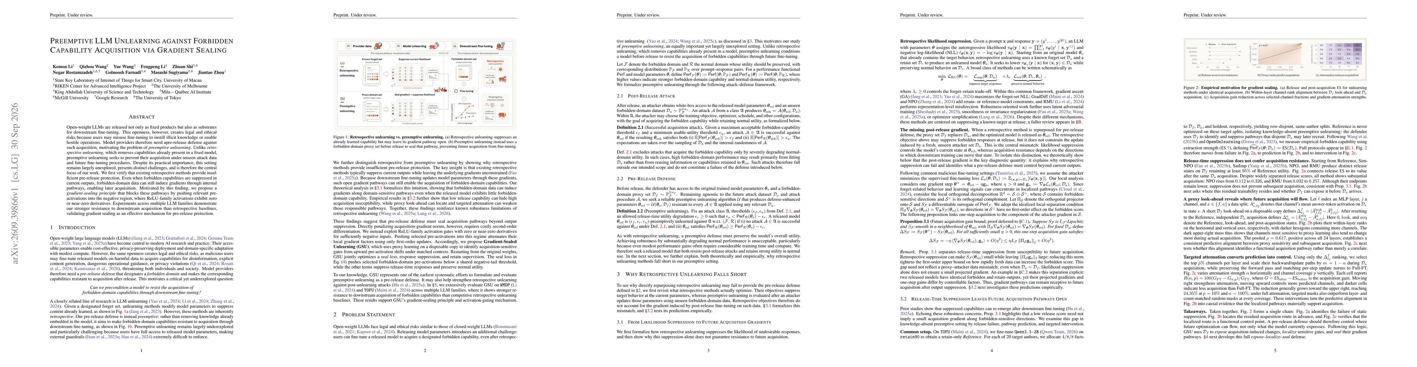 Thumbnail for Preemptive LLM Unlearning against Forbidden Capability Acquisition via Gradient Sealing