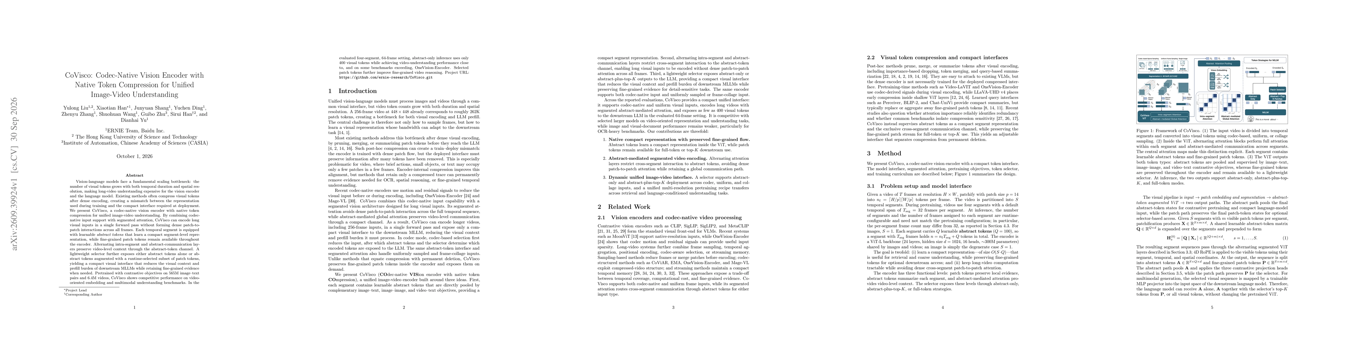 Thumbnail for CoVisco: Codec-Native Vision Encoder with Native Token Compression for Unified Image-Video Understanding