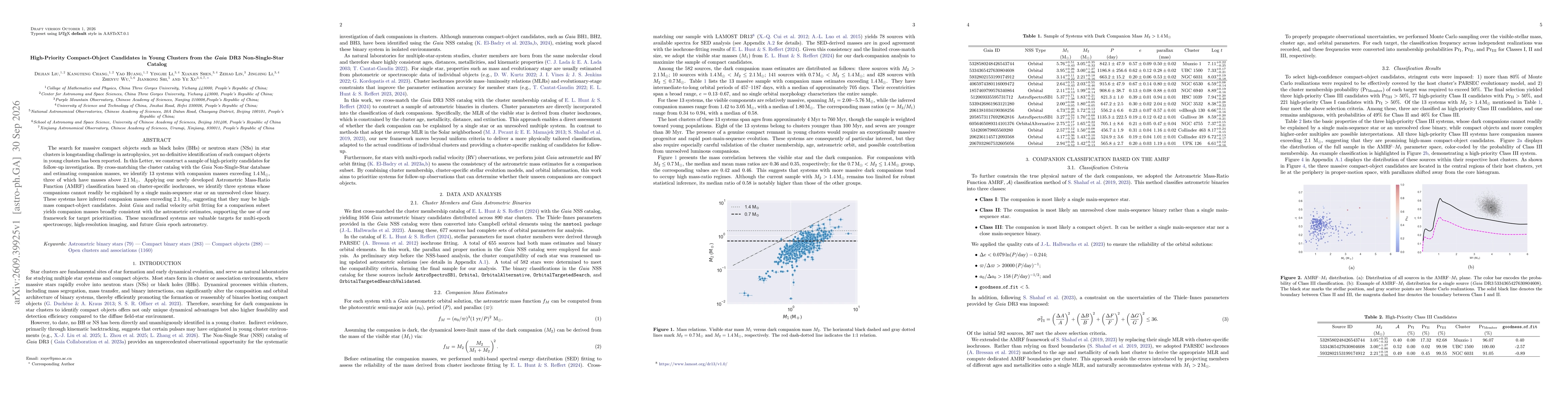 Thumbnail for High-Priority Compact-Object Candidates in Young Clusters from the \textit{Gaia} DR3 Non-Single-Star Catalog
