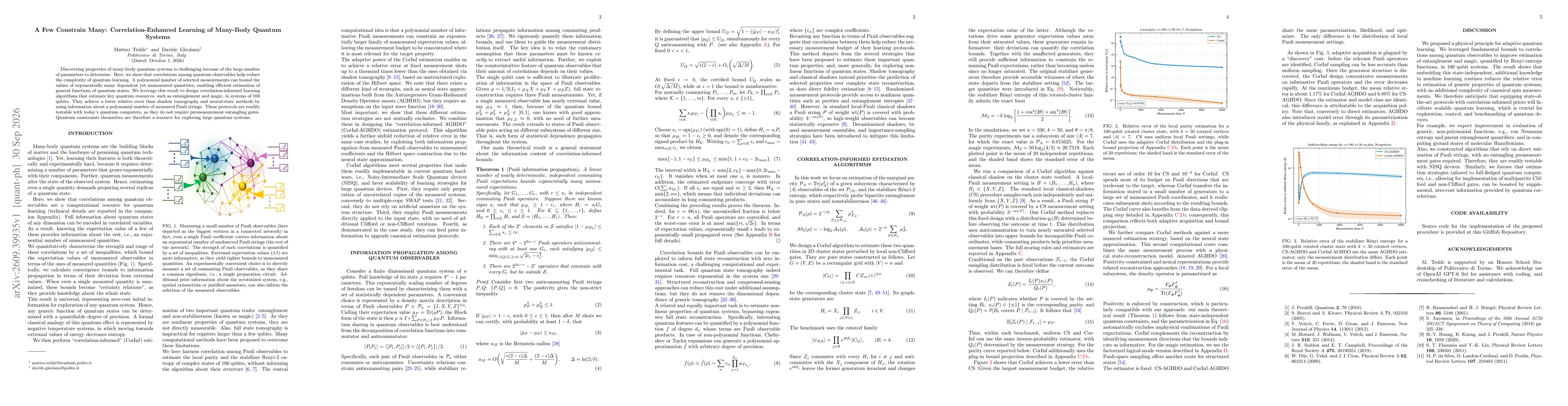 Thumbnail for A Few Constrain Many: Correlation-Enhanced Learning of Many-Body Quantum Systems