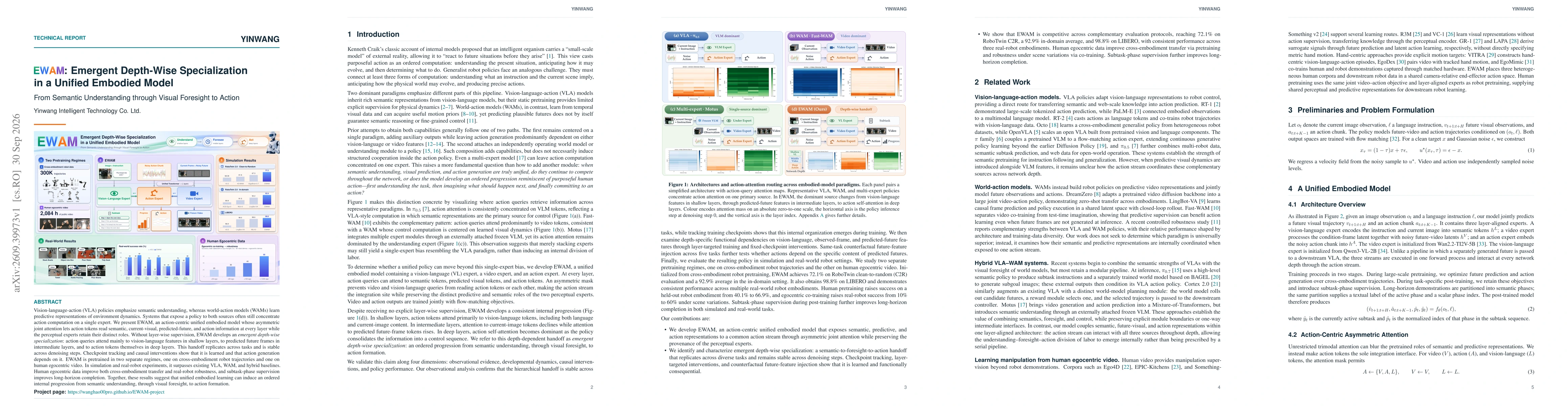 Thumbnail for EWAM: Emergent Depth-Wise Specialization in a Unified Embodied Model -- From Semantic Understanding through Visual Foresight to Action