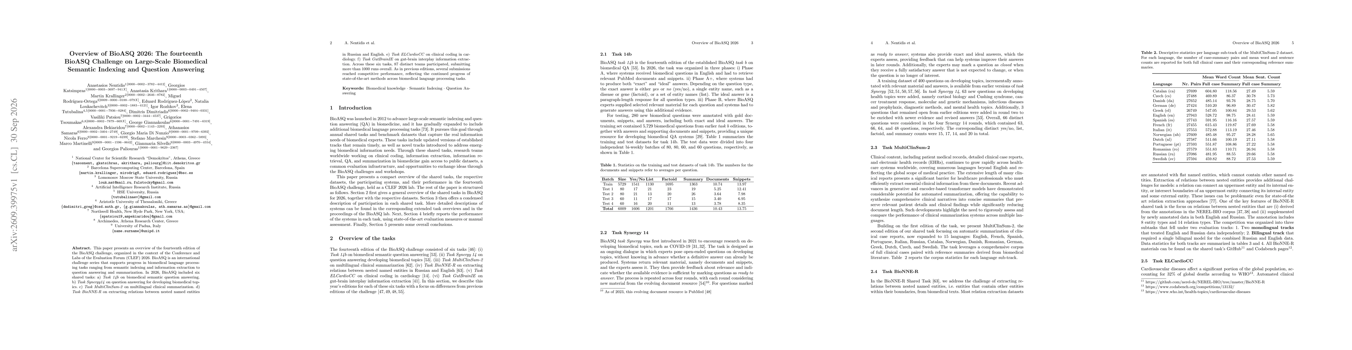 Thumbnail for Overview of BioASQ 2026: The fourteenth BioASQ Challenge on Large-Scale Biomedical Semantic Indexing and Question Answering