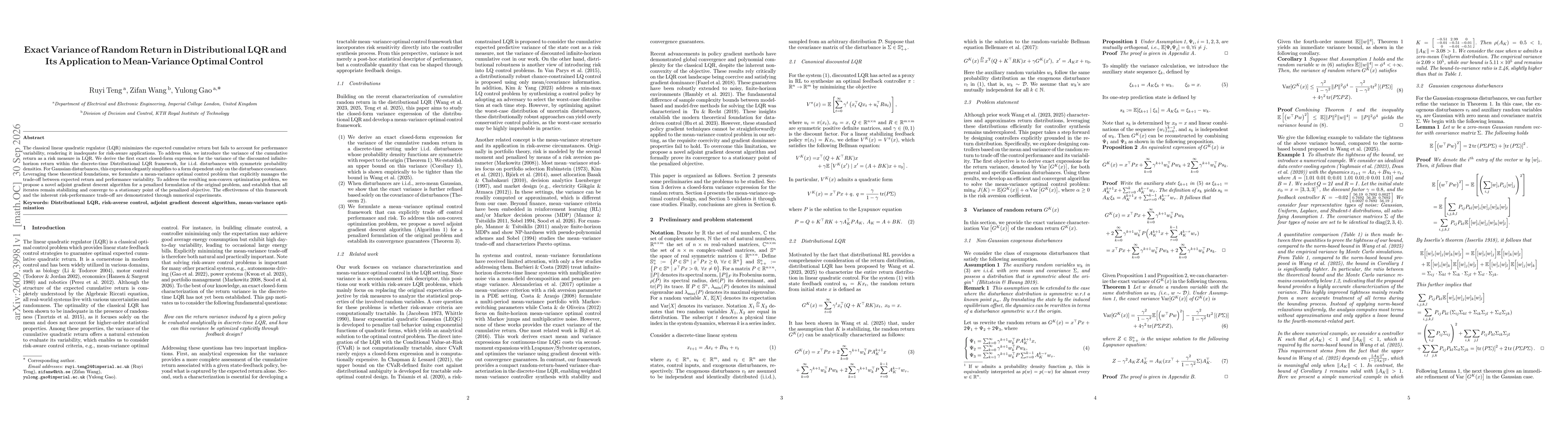 Thumbnail for ExactVariance of Random Return in Distributional LQR and Its Application to Mean-Variance Optimal Control