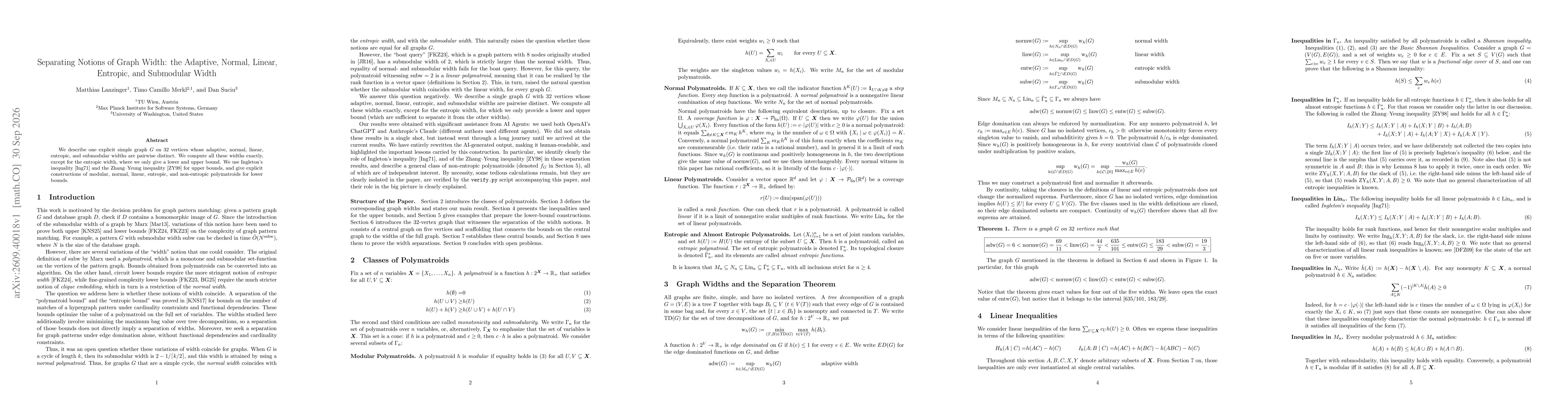 Thumbnail for Separating Notions of Graph Width: the Adaptive, Normal, Linear, Entropic, and Submodular Width