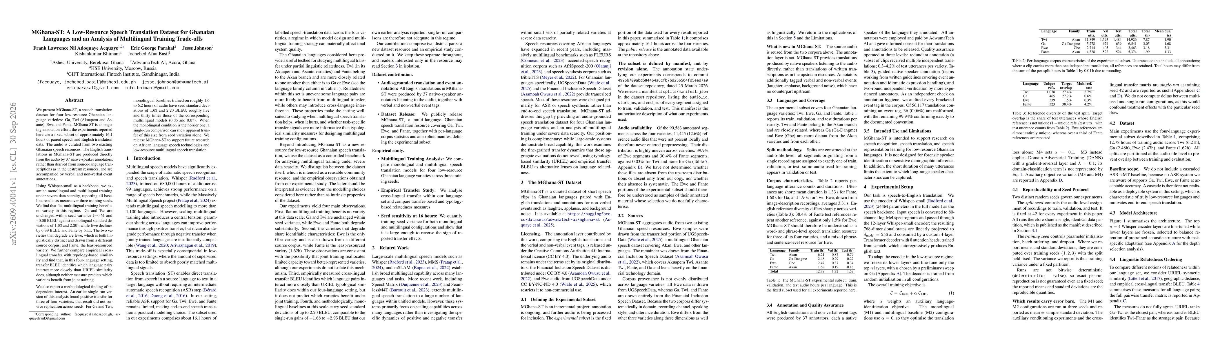 Thumbnail for MGhana-ST: A Low-Resource Speech Translation Dataset for Ghanaian Languages and an Analysis of Multilingual Training Trade-offs