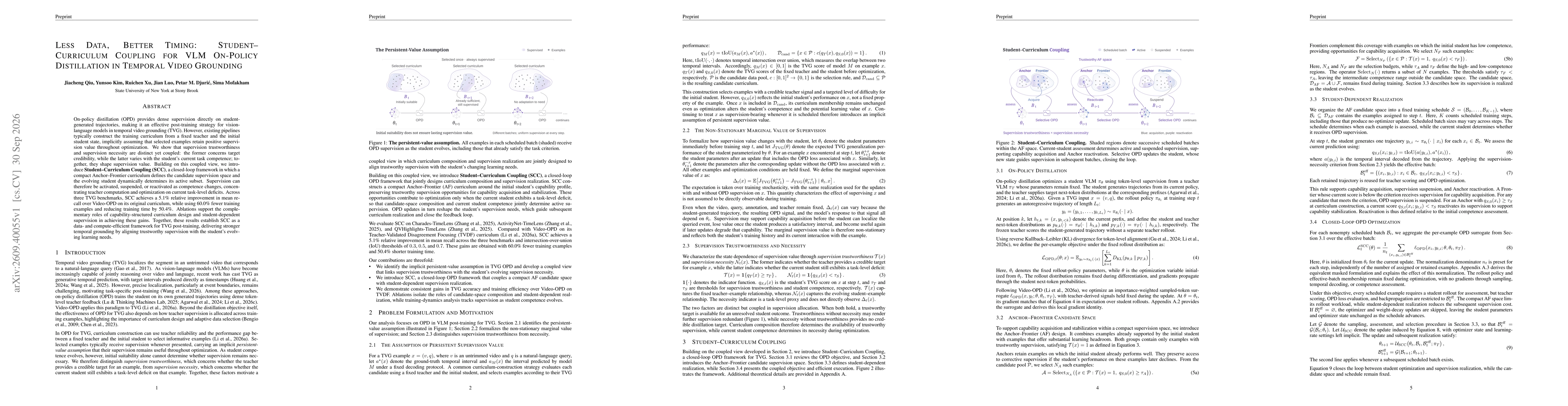 Thumbnail for Less Data, Better Timing: Student-Curriculum Coupling for VLM On-Policy Distillation in Temporal Video Grounding