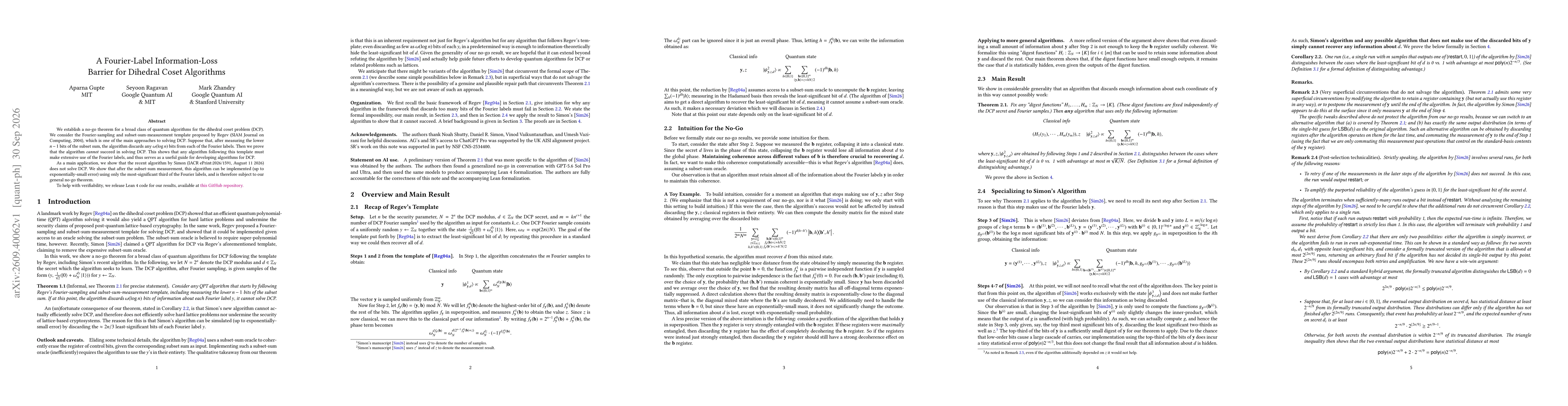 Thumbnail for A Fourier-Label Information-Loss Barrier for Dihedral Coset Algorithms