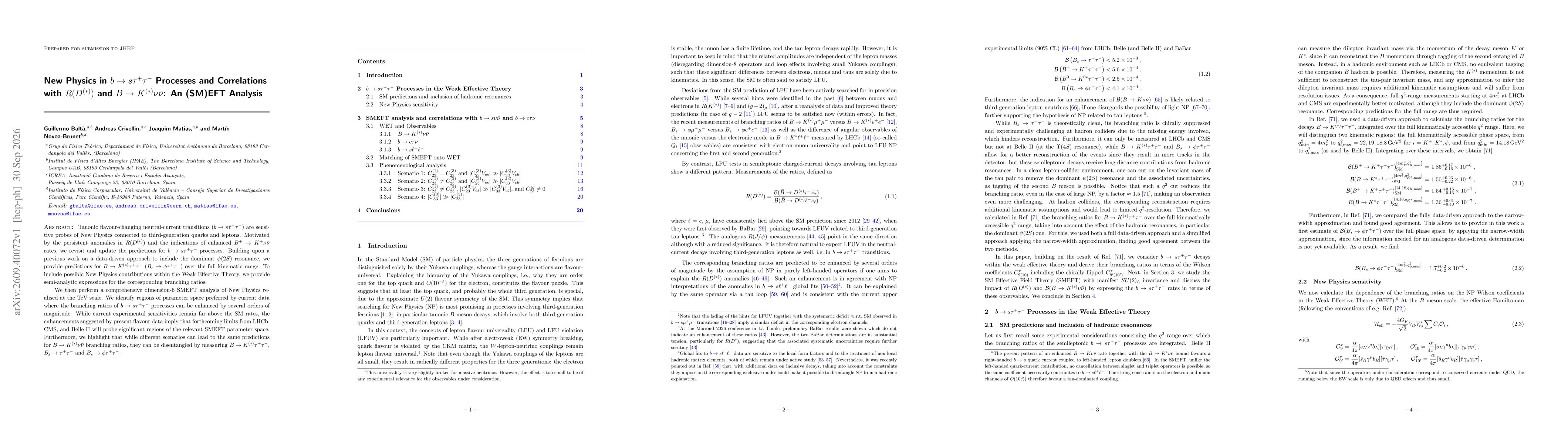 Thumbnail for New Physics in $ b \to s τ^+τ^-$ Processes and Correlations with $R(D^{(*)})$ and $B\to K^{(*)}ν\barν$: An (SM)EFT Analysis