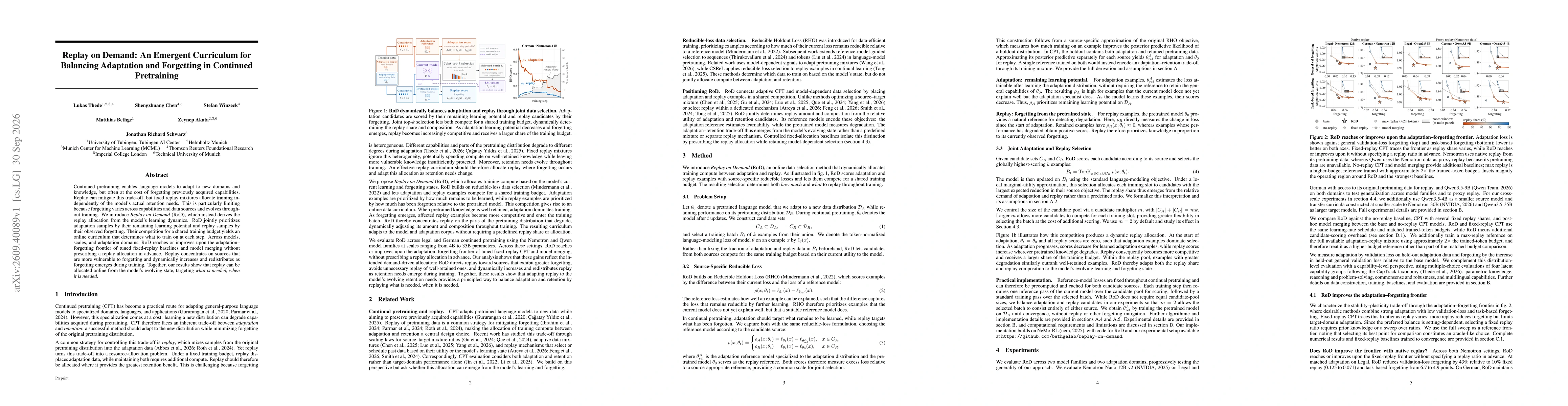 Thumbnail for Replay on Demand: An Emergent Curriculum for Balancing Adaptation and Forgetting in Continued Pretraining