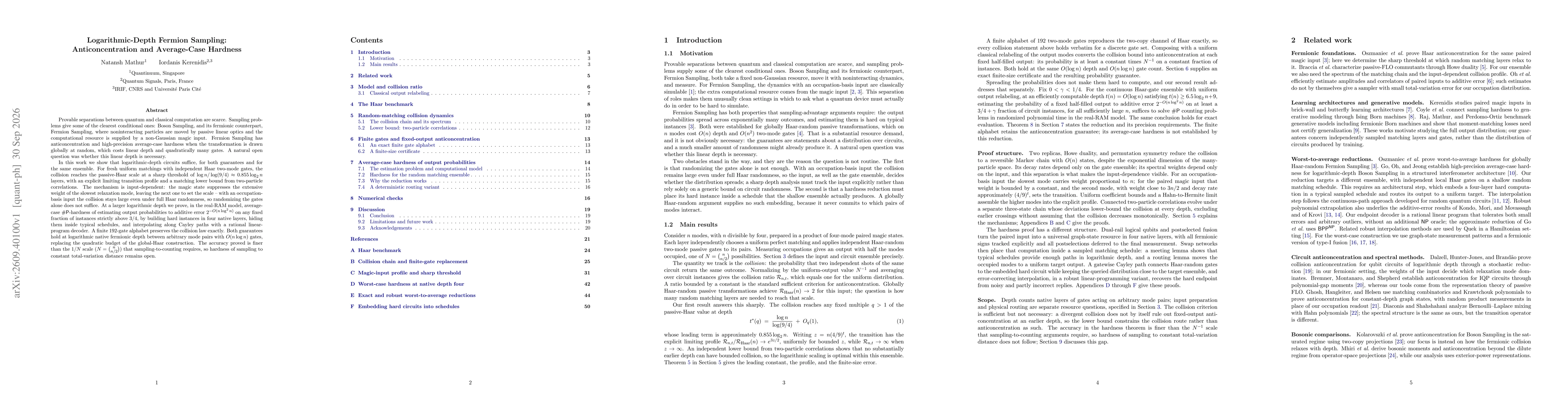 Thumbnail for Logarithmic-Depth Fermion Sampling: Anticoncentration and Average-Case Hardness