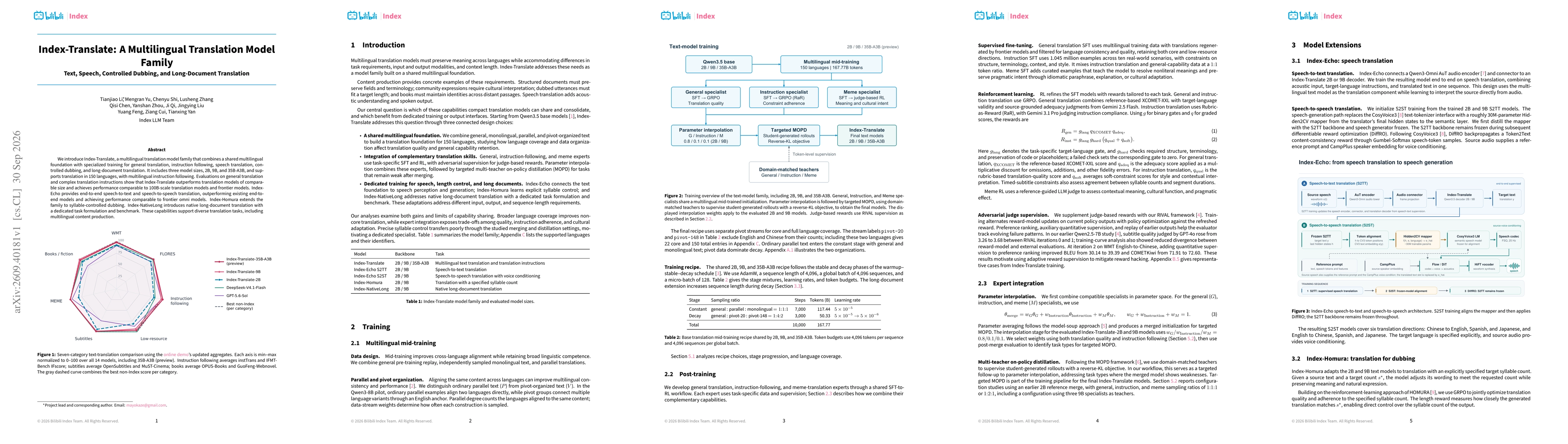 Thumbnail for Index-Translate: A Multilingual Translation Model Family -- Text, Speech, Controlled Dubbing, and Long-Document Translation