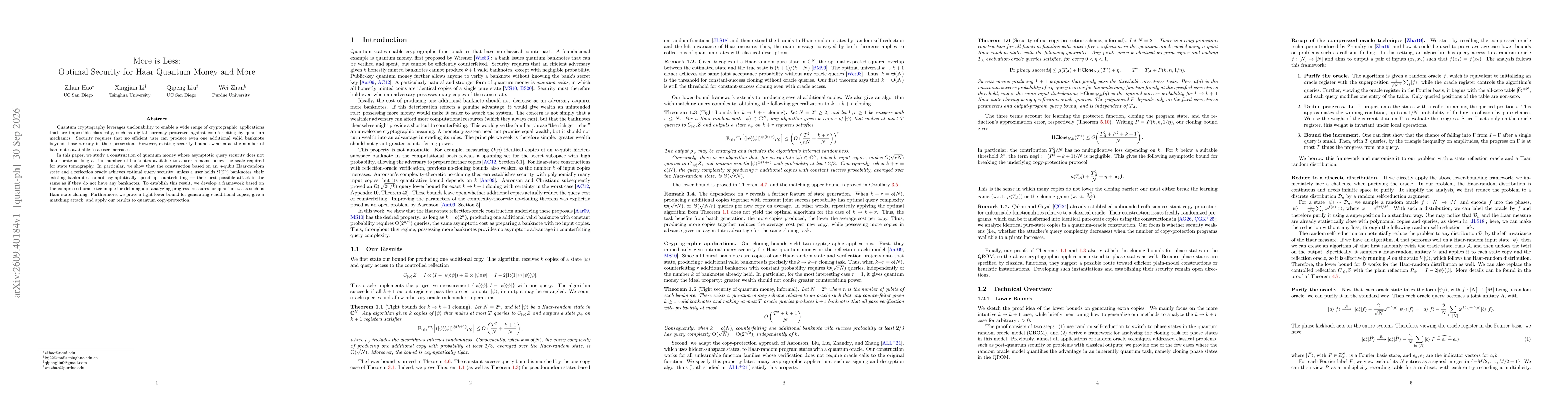 Thumbnail for More is Less:Optimal Security for Haar Quantum Money and More