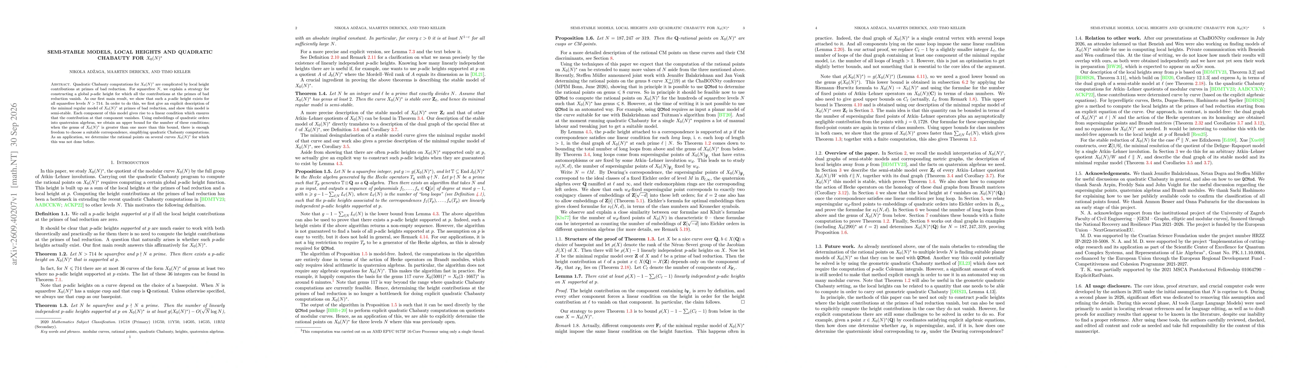 Thumbnail for Semi-stable models, local heights and quadratic Chabauty for $X_0(N)^*$