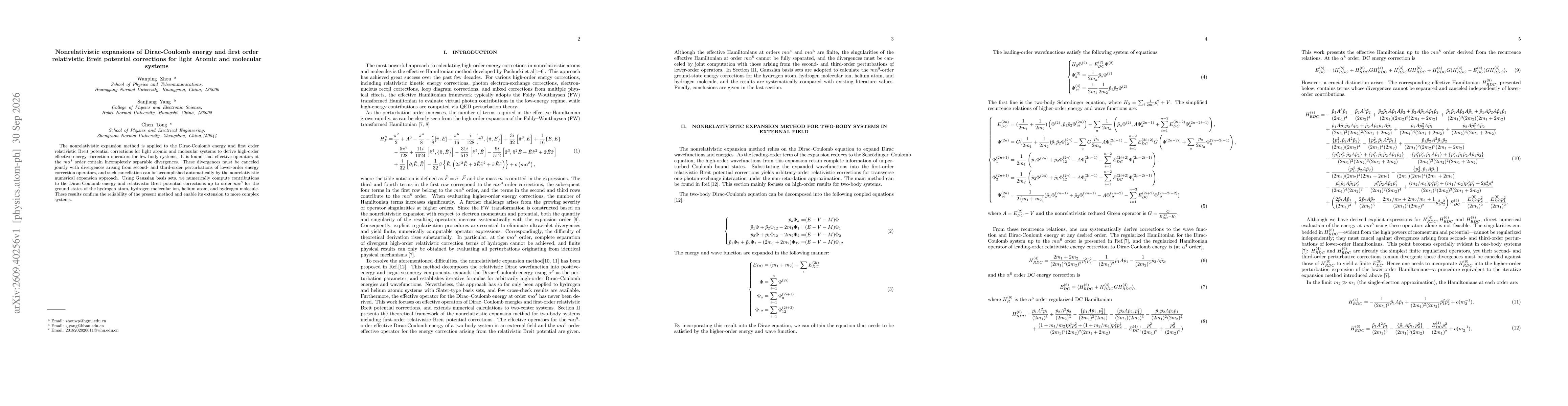 Thumbnail for Nonrelativistic expansions of Dirac-Coulomb energy and first order relativistic Breit potential corrections for light Atomic and molecular systems