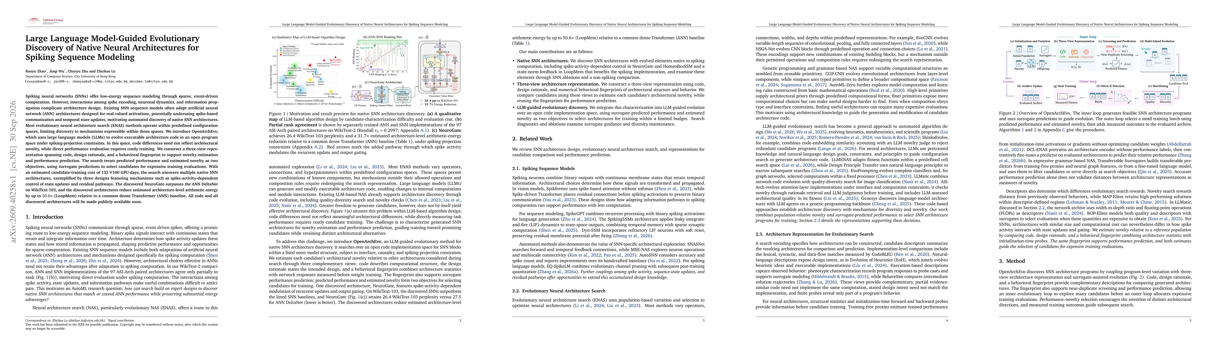 Thumbnail for Large Language Model-Guided Evolutionary Discovery of Native Neural Architectures for Spiking Sequence Modeling