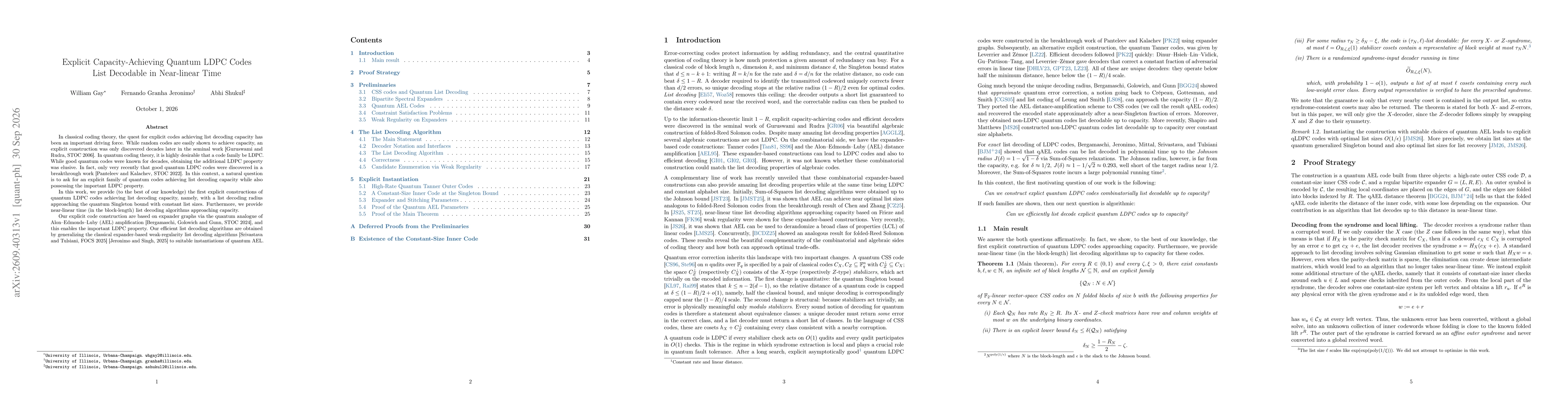 Thumbnail for Explicit Capacity-Achieving Quantum LDPC Codes List Decodable in Near-linear Time