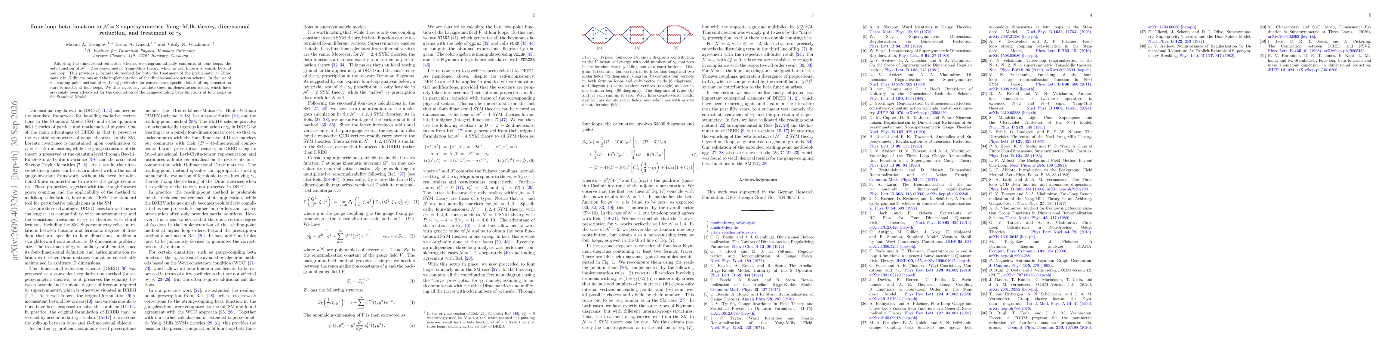 Thumbnail for Four-loop beta function in N=2 supersymmetric Yang-Mills theory, dimensional reduction, and treatment of $γ_5$