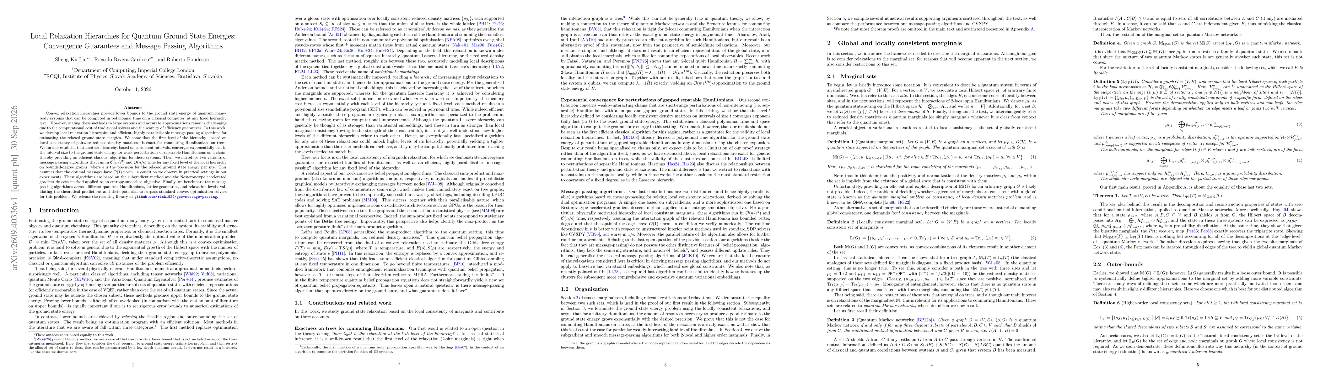 Thumbnail for Local Relaxation Hierarchies for Quantum Ground State Energies: Convergence Guarantees and Message Passing Algorithms
