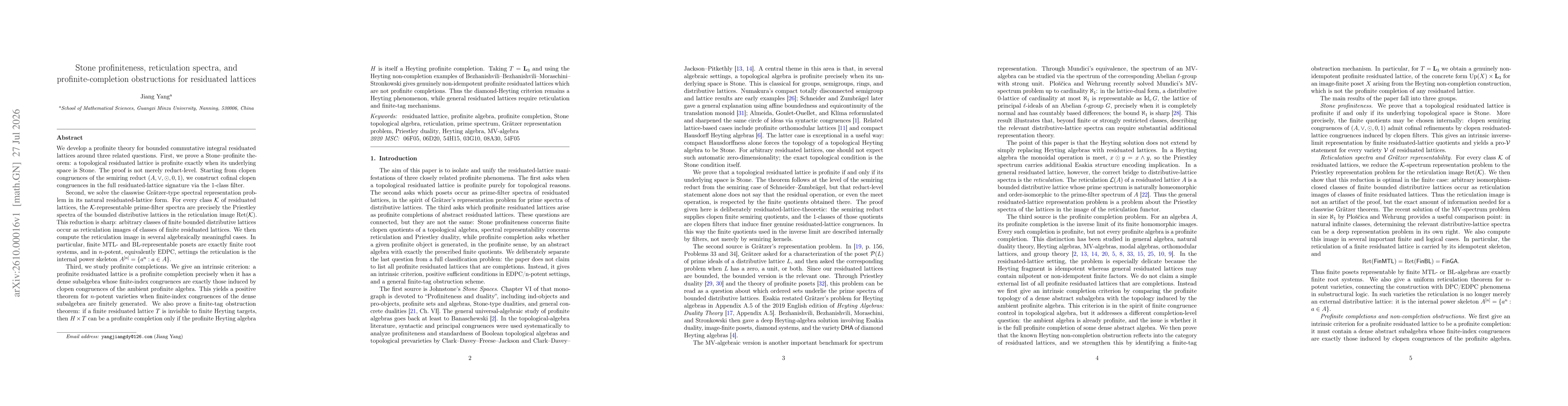 Thumbnail for Stone profiniteness, reticulation spectra, and profinite-completion obstructions for residuated lattices