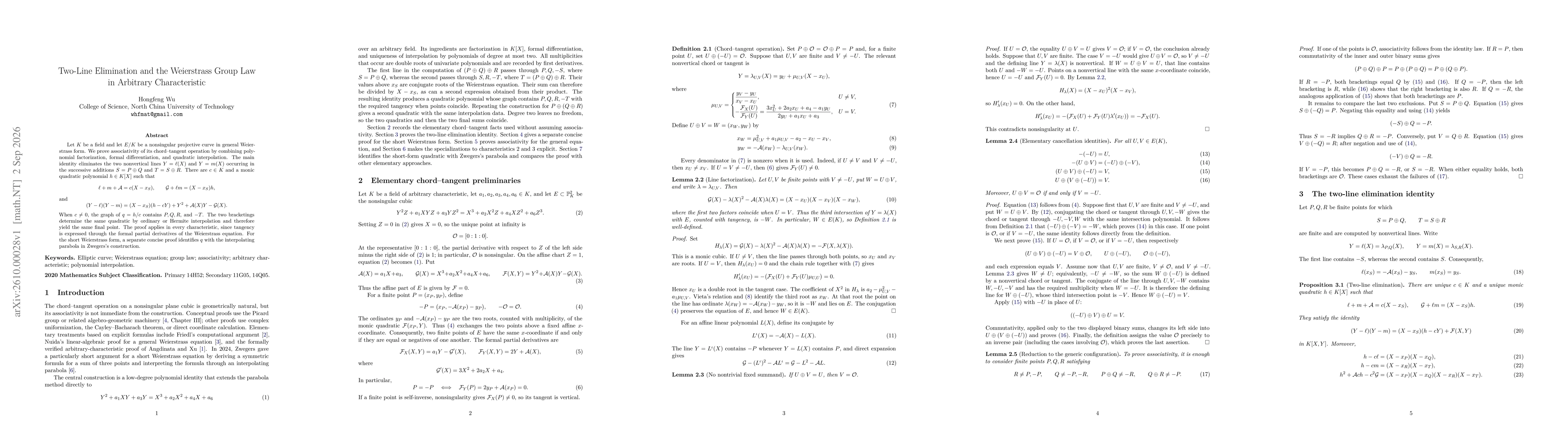 Thumbnail for Two-Line Elimination and the Weierstrass Group Law in Arbitrary Characteristic
