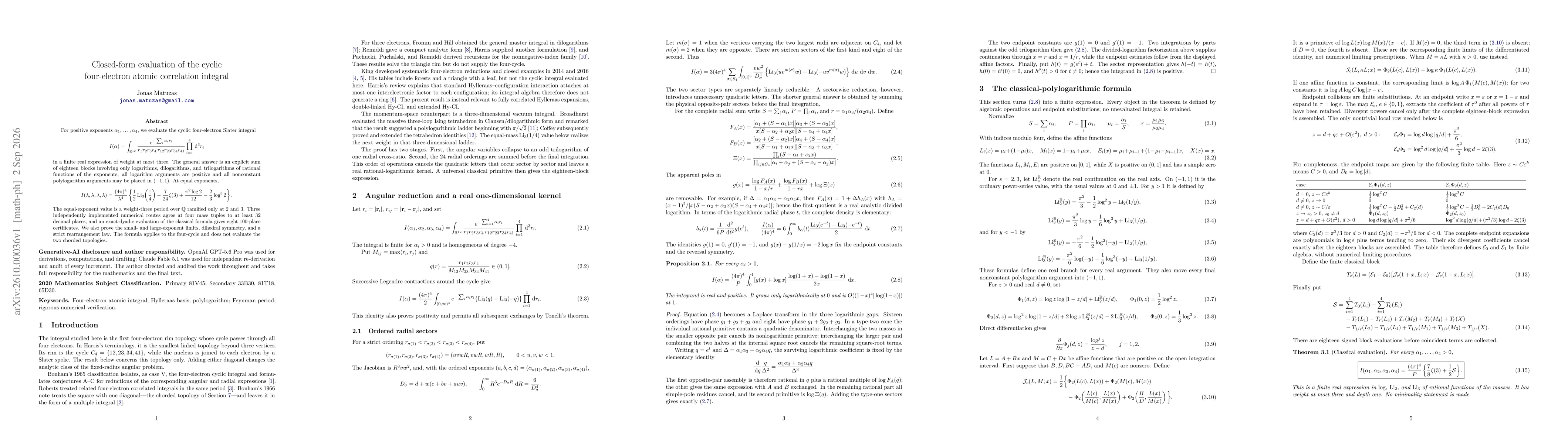 Thumbnail for Closed-form evaluation of the cyclic four-electron atomic correlation integral