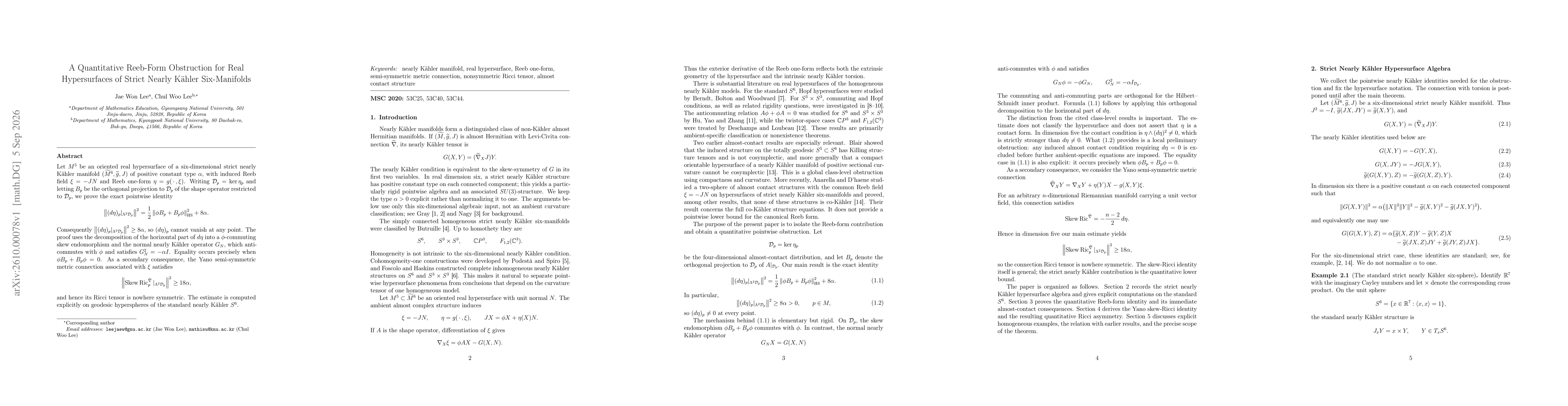 Thumbnail for A Quantitative Reeb-Form Obstruction for Real Hypersurfaces of Strict Nearly Kähler Six-Manifolds