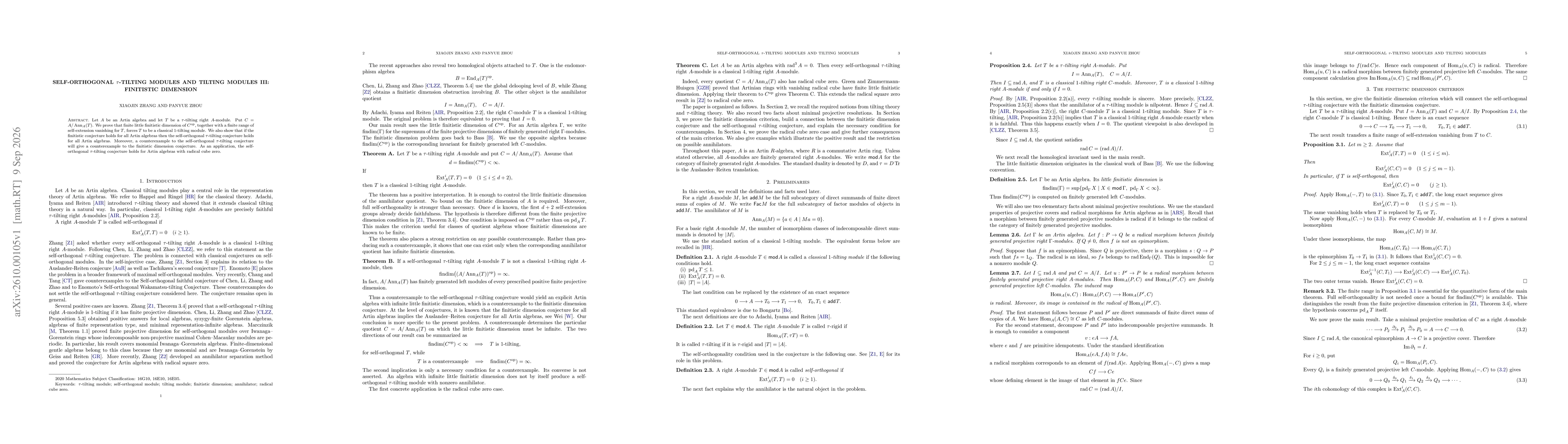 Thumbnail for Self-Orthogonal $τ$-Tilting Modules and Tilting Modules III: Finitistic Dimension