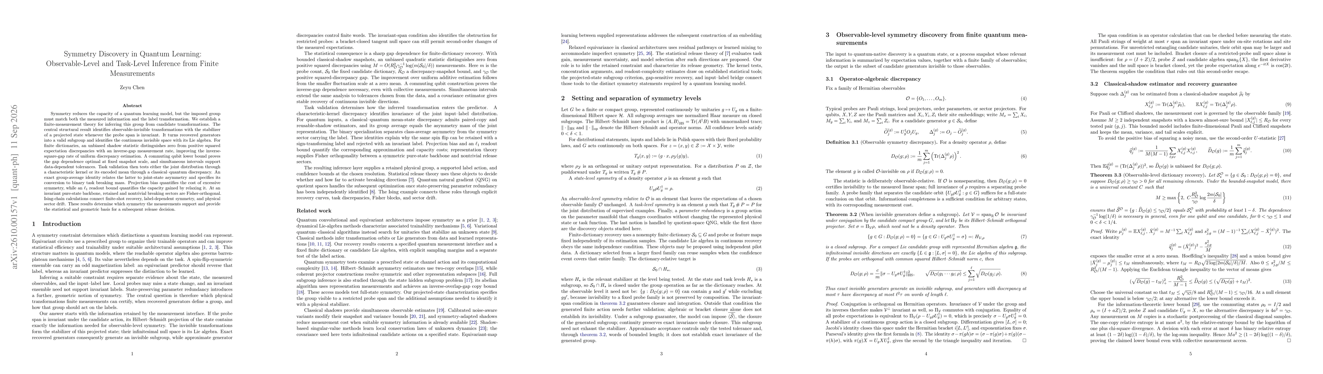 Thumbnail for Symmetry Discovery in Quantum Learning: Observable-Level and Task-Level Inference from Finite Measurements