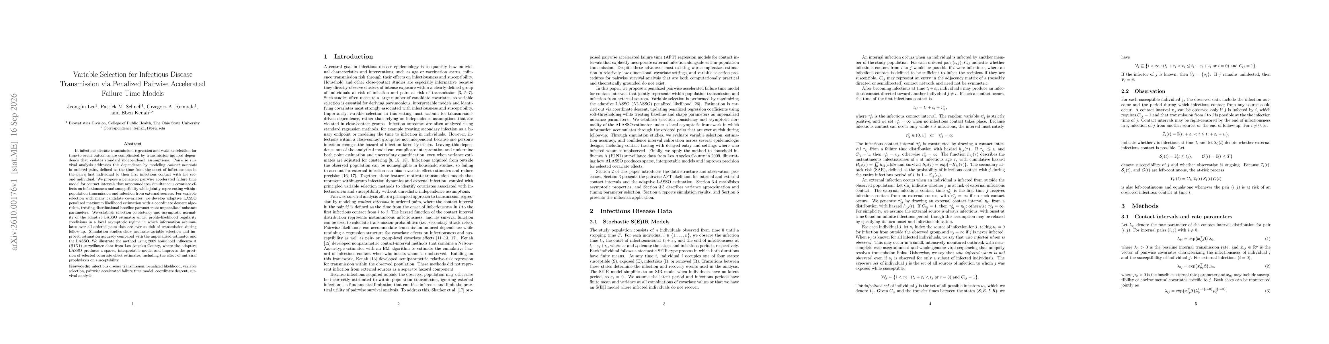 Thumbnail for Variable Selection for Infectious Disease Transmission via Penalized Pairwise Accelerated Failure Time Models