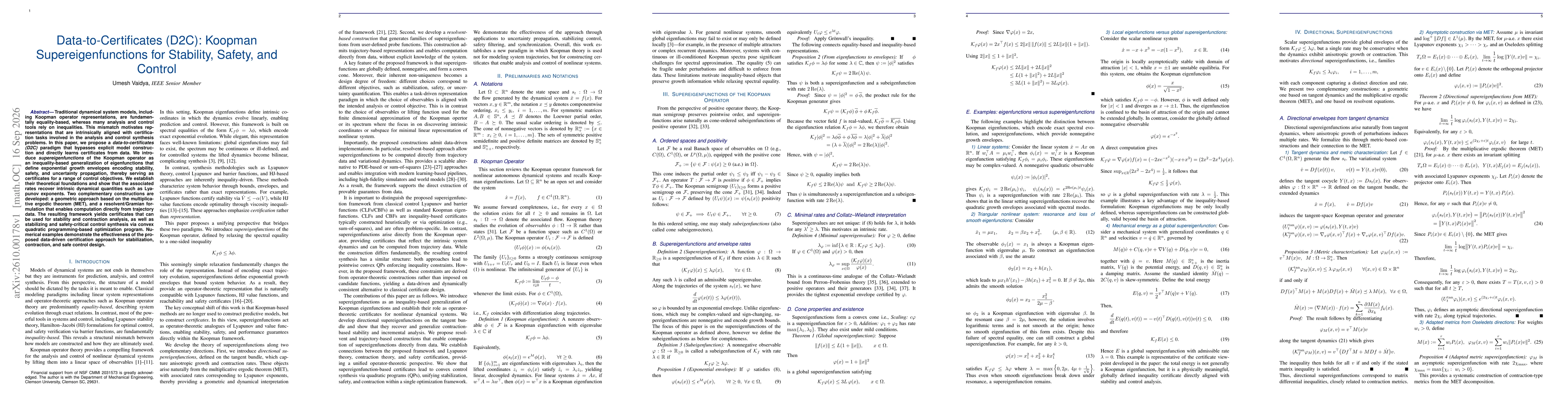 Thumbnail for Data-to-Certificates (D2C): Koopman Supereigenfunctions for Stability, Safety, and Control