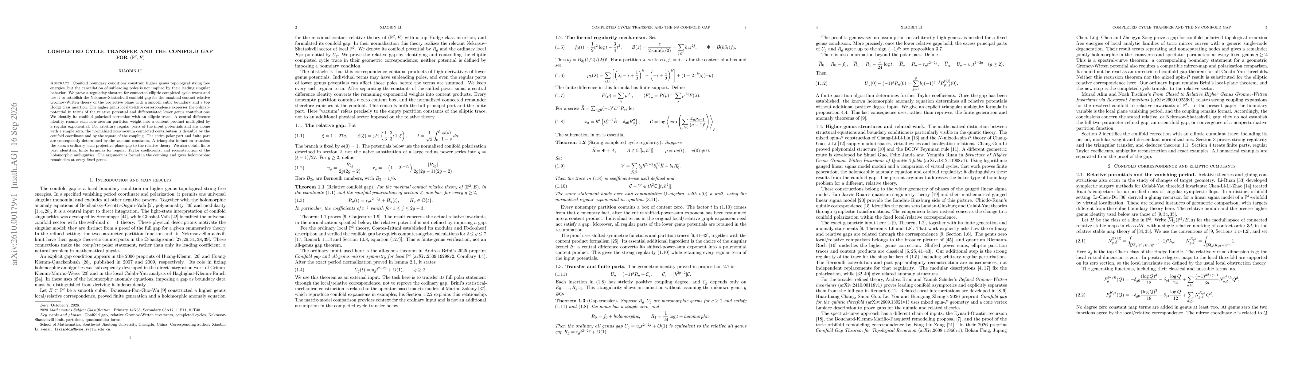 Thumbnail for Completed cycle transfer and the conifold gap for (P^2, E)