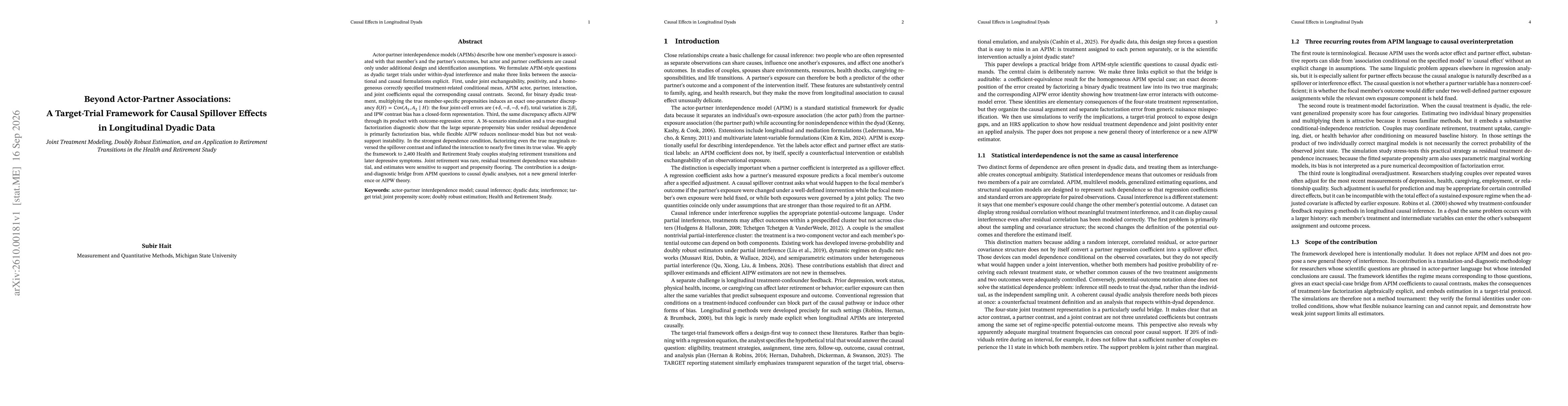 Thumbnail for Beyond Actor-Partner Associations: A Target-Trial Framework for Causal Spillover Effects in Longitudinal Dyadic Data
