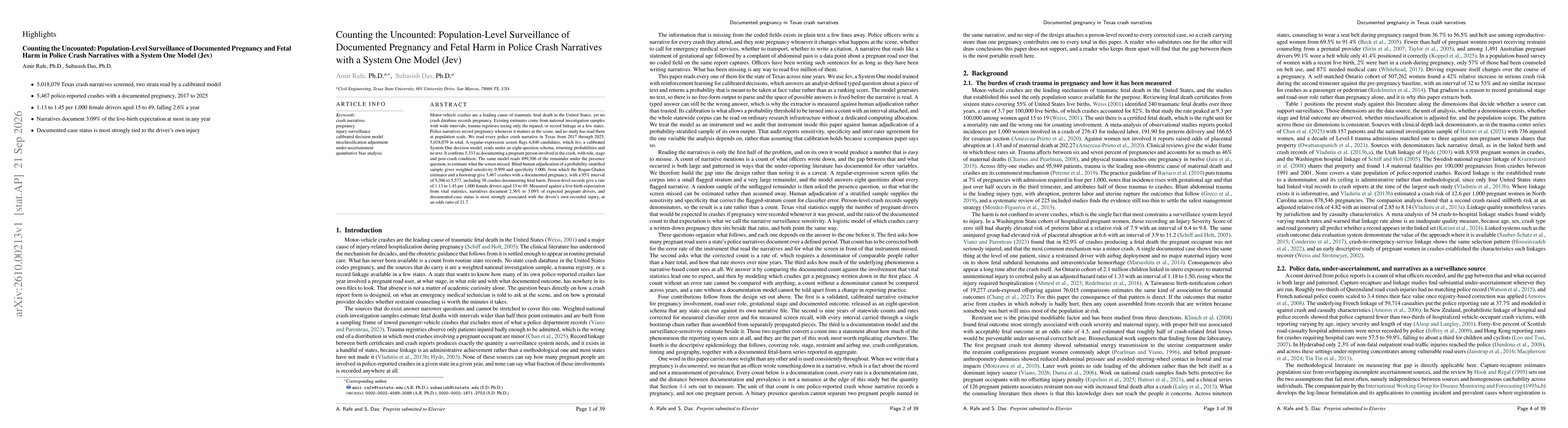 Thumbnail for Counting the Uncounted: Population-Level Surveillance of Documented Pregnancy and Fetal Harm in Police Crash Narratives with a System One Model (Jev)