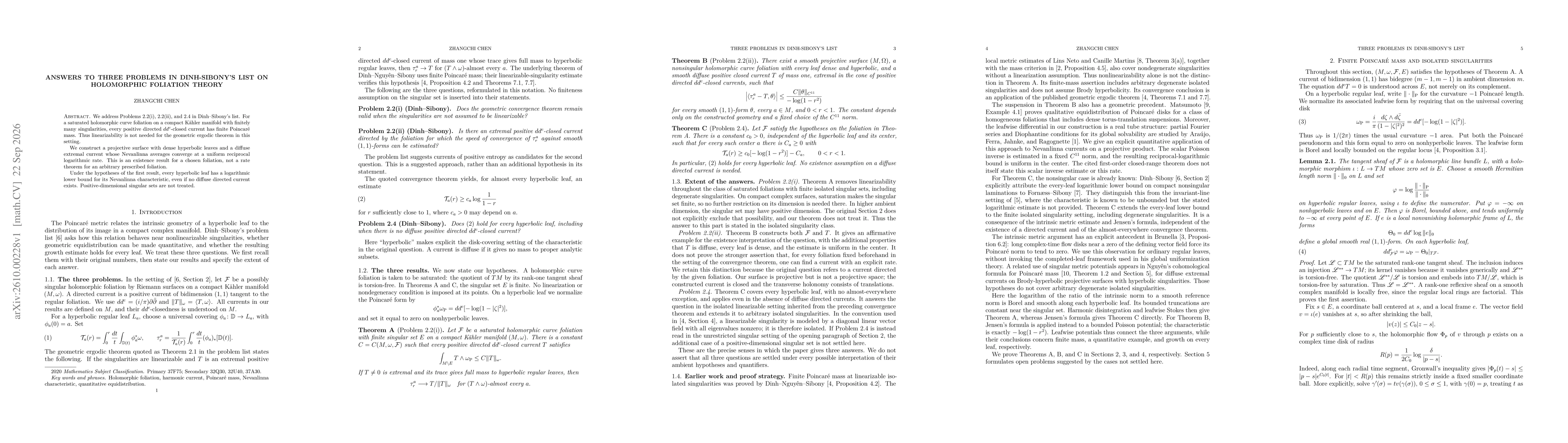 Thumbnail for Answers to three problems in Dinh-Sibony's list on holomorphic foliation theory