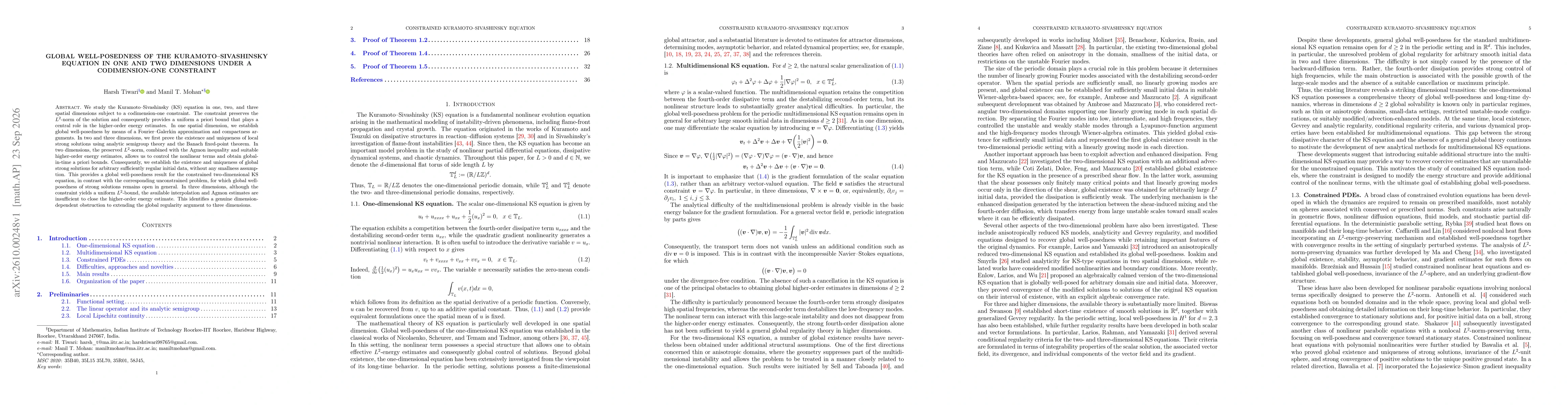 Thumbnail for Global Well-Posedness of the Kuramoto--Sivashinsky Equation in One and Two Dimensions under a Codimension-One Constraint