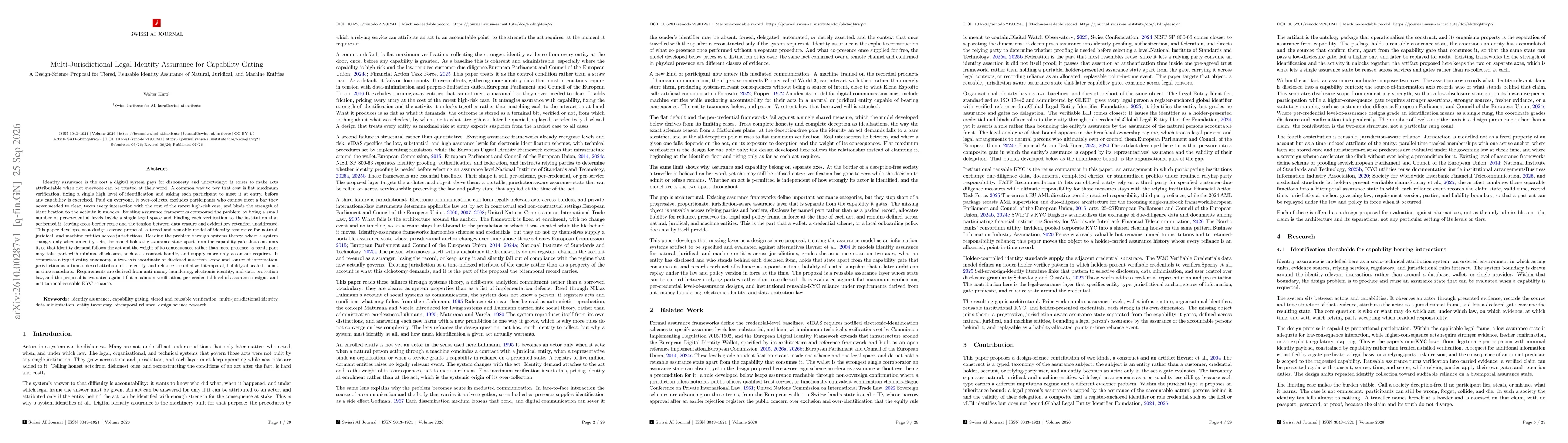 Thumbnail for Multi-Jurisdictional Legal Identity Assurance for Capability Gating: A Design-Science Proposal for Tiered, Reusable Identity Assurance of Natural, Juridical, and Machine Entities
