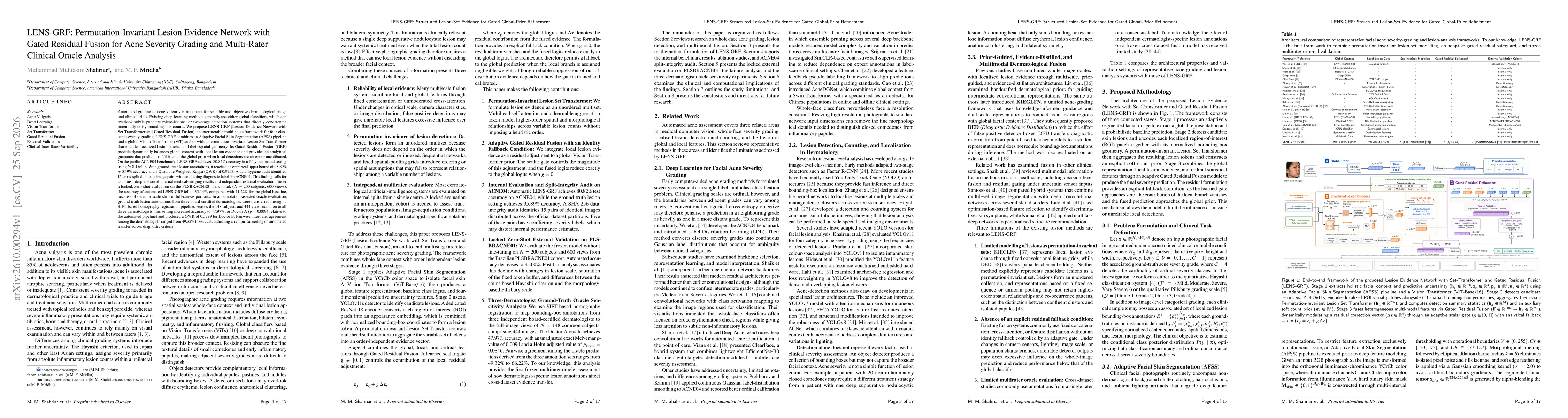 Thumbnail for LENS-GRF: Permutation-Invariant Lesion Evidence Network with Gated Residual Fusion for Acne Severity Grading and Multi-Rater Clinical Oracle Analysis