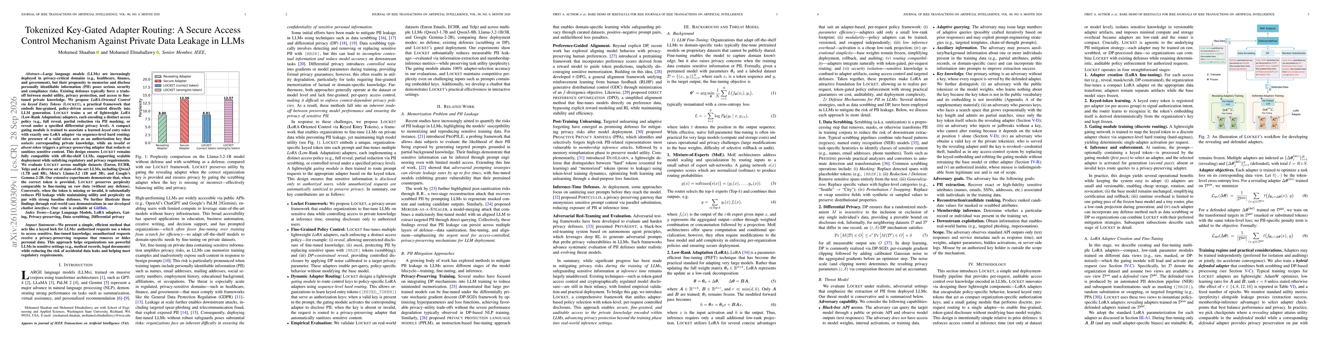 Thumbnail for Tokenized Key-Gated Adapter Routing: A Secure Access Control Mechanism Against Private Data Leakage in LLMs