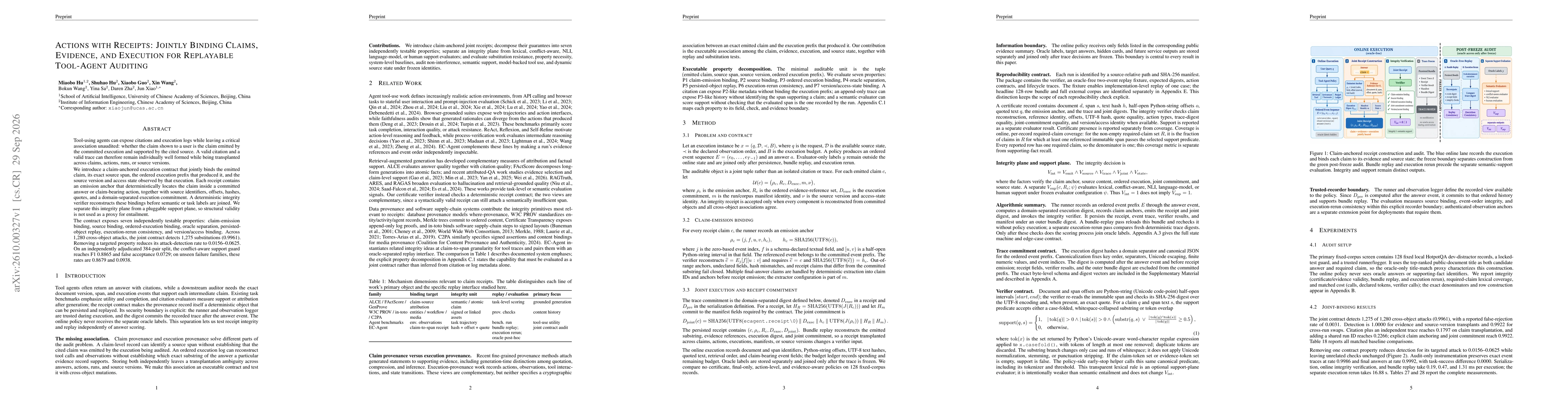 Thumbnail for Actions with Receipts: Jointly Binding Claims, Evidence, and Execution for Replayable Tool-Agent Auditing