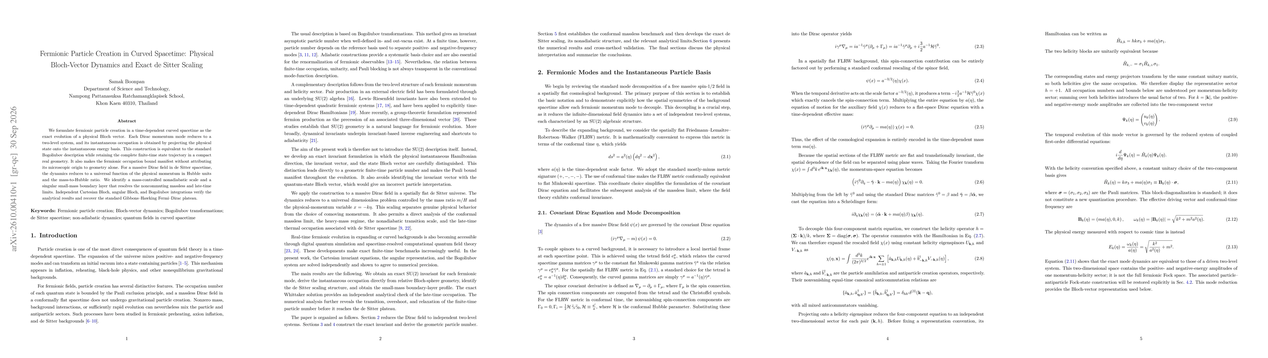 Thumbnail for Fermionic Particle Creation in Curved Spacetime: Physical Bloch-Vector Dynamics and Exact de Sitter Scaling